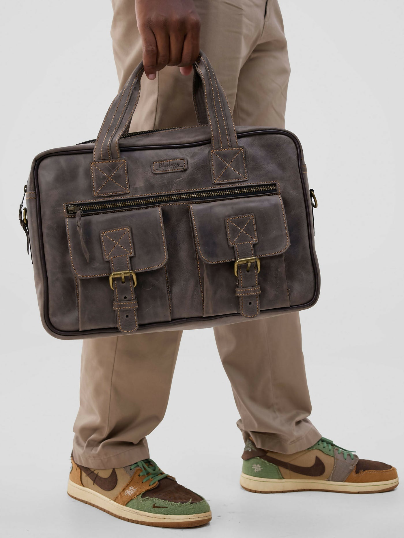 Blueberry Leather Messenger Bag - Mocha - Shopzetu