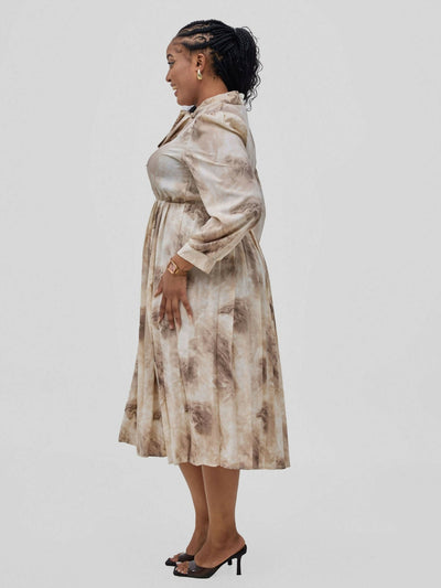 Hessed Tie Neck floral pleated Long Sleeve Dresses - Brown - Shopzetu
