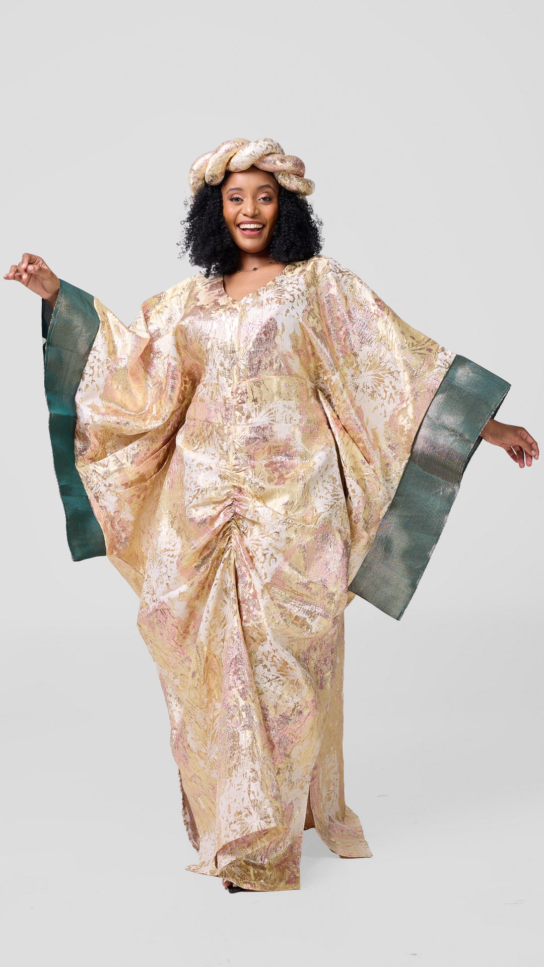 Hats And More Bold Elegance Brocade And Matching Headpiece Dress - Beige / Green