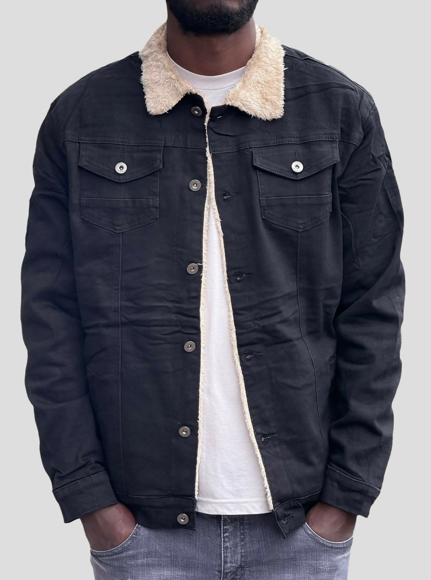 Stylish Brothers Fur Denim Jacket - Black - Shopzetu