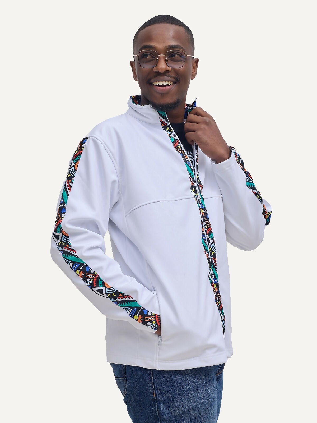 Kitu Kali Men's Softshell Full Sleeve Jacket - White / Blue Tribal - Shopzetu