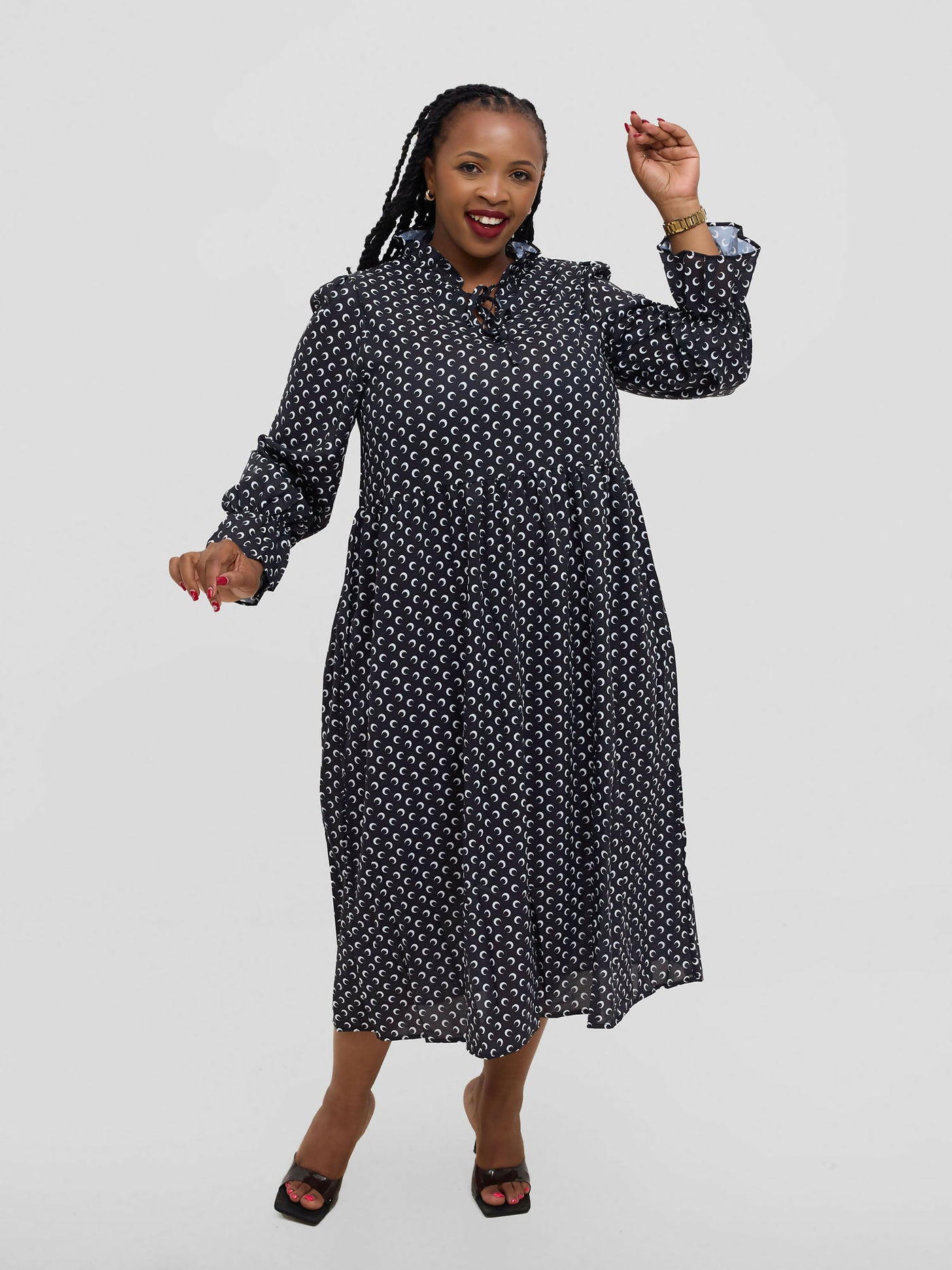 Hessed Polka Dot Ruffle Flare Sleeve Beled Chiffon Dress - Black - Shopzetu