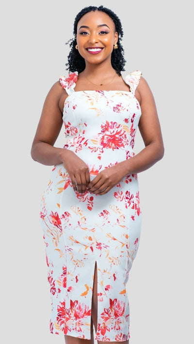 The Fashion Frenzy Safi Rose Front - Slit Midi Dress - Multicolored - Shopzetu