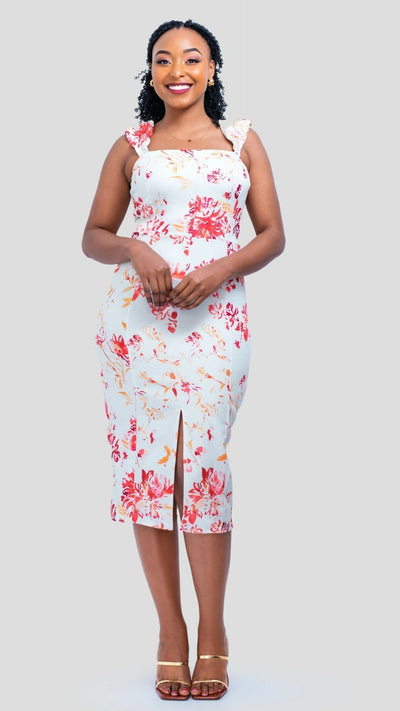 The Fashion Frenzy Safi Rose Front - Slit Midi Dress - Multicolored - Shopzetu