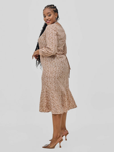 Hessed Square Neck Long Sleeves Floral Print Fit & Flare Dress - Brown - Shopzetu