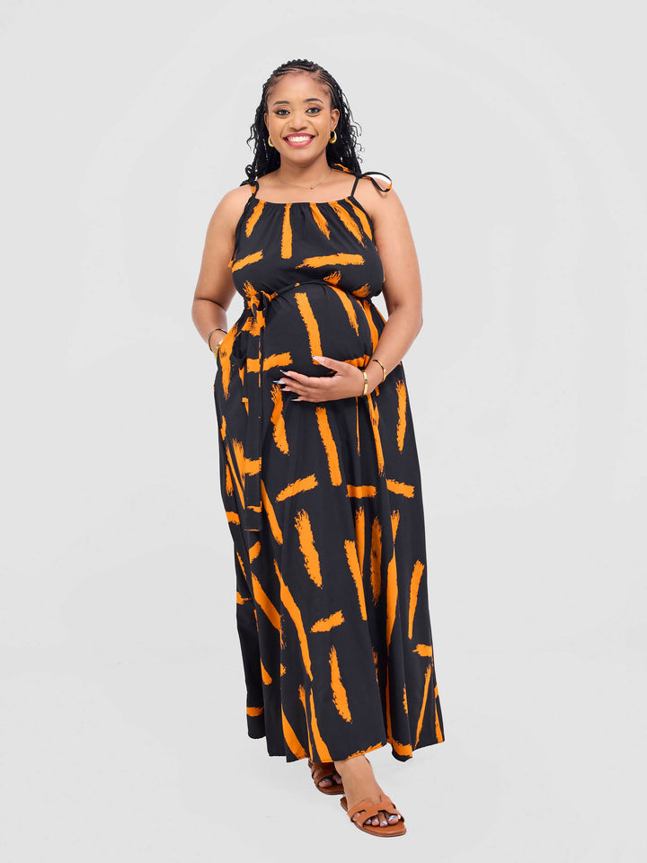 Anel's Knitwear Dress - Black / Mustard Print - Shopzetu