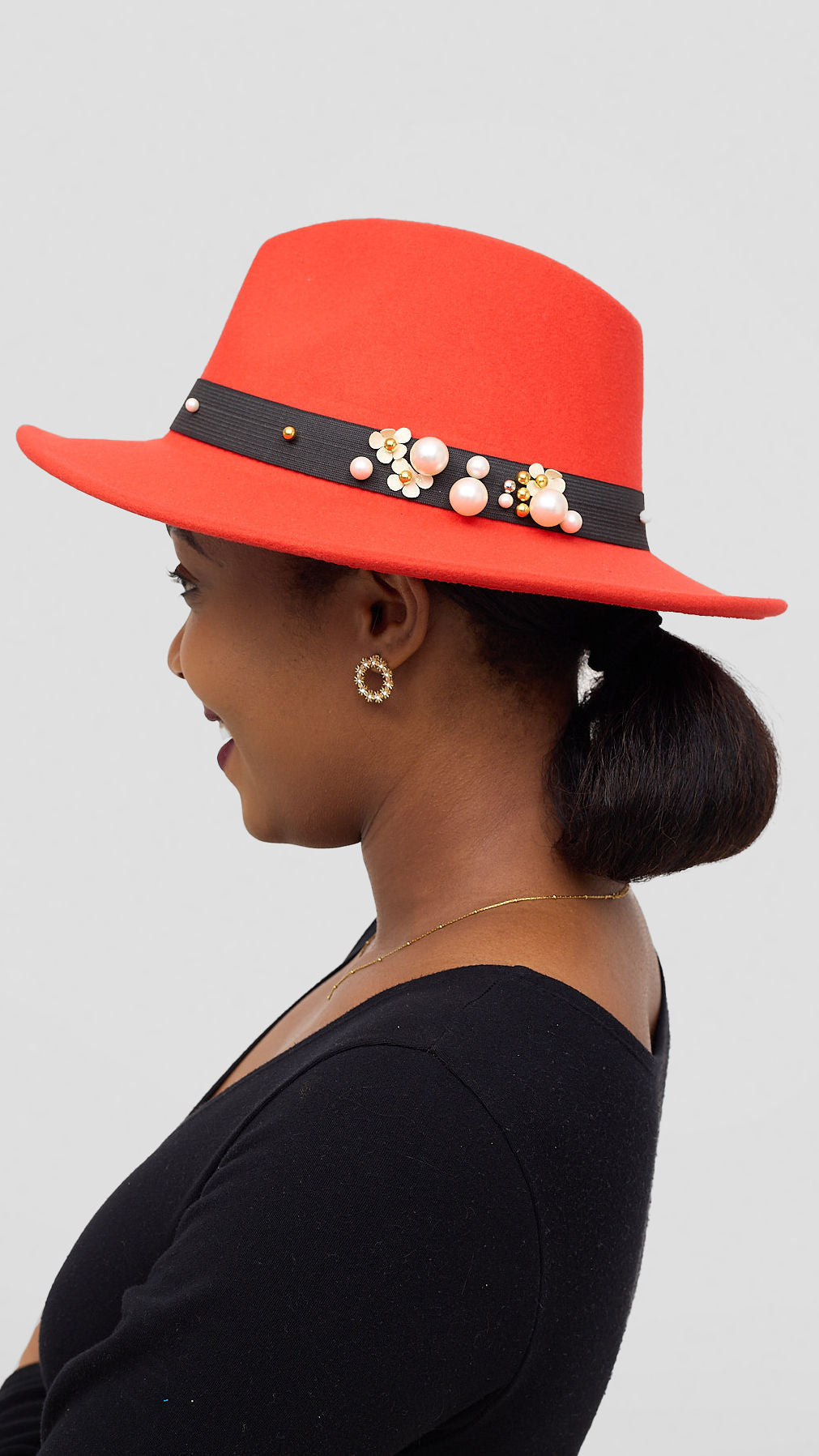 Umbo Collections Pearl Fedora Hat - Red