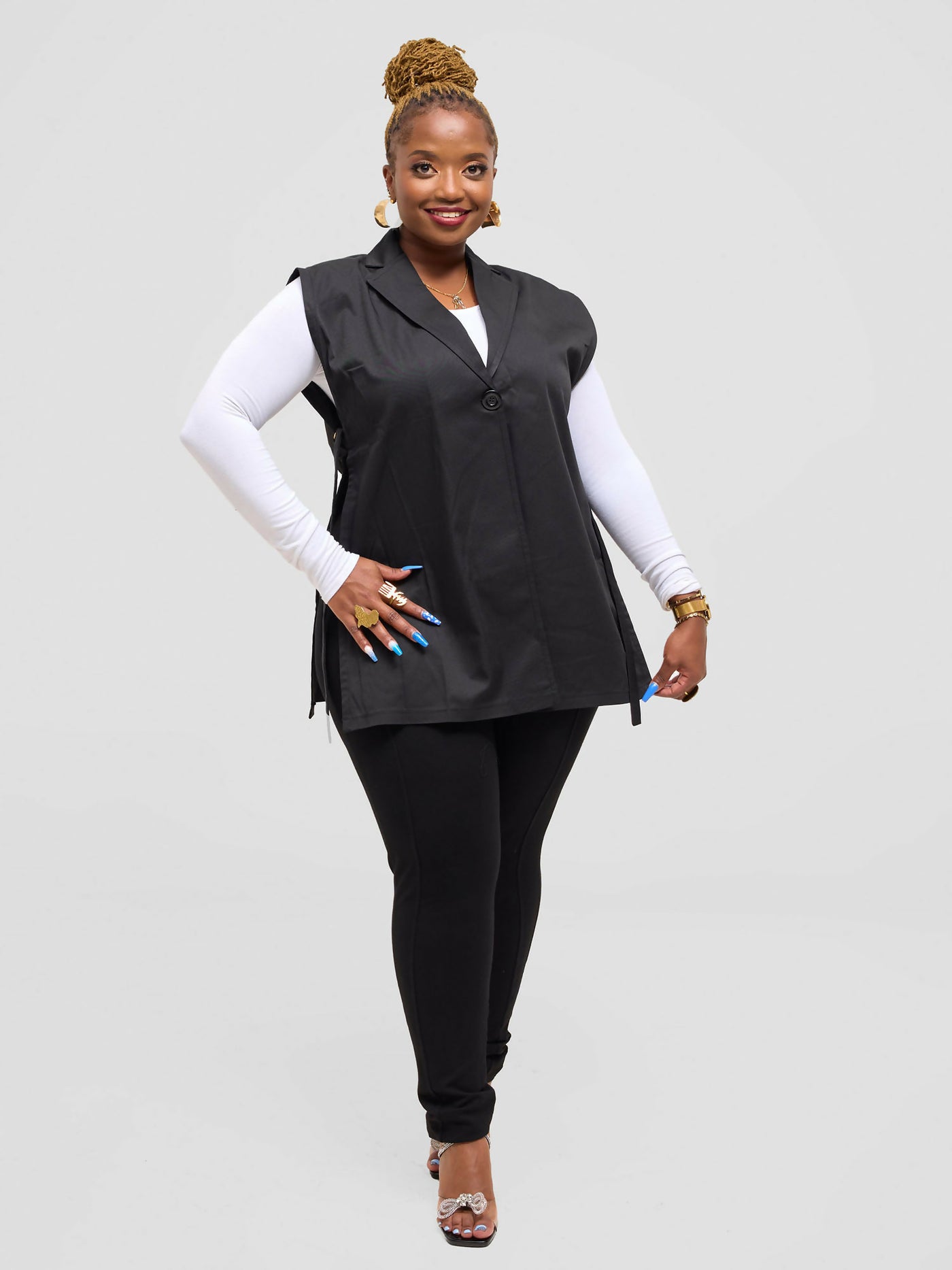 Pure Buxom Polka Bubble Knot Side Vest Blazer - Black - Shopzetu