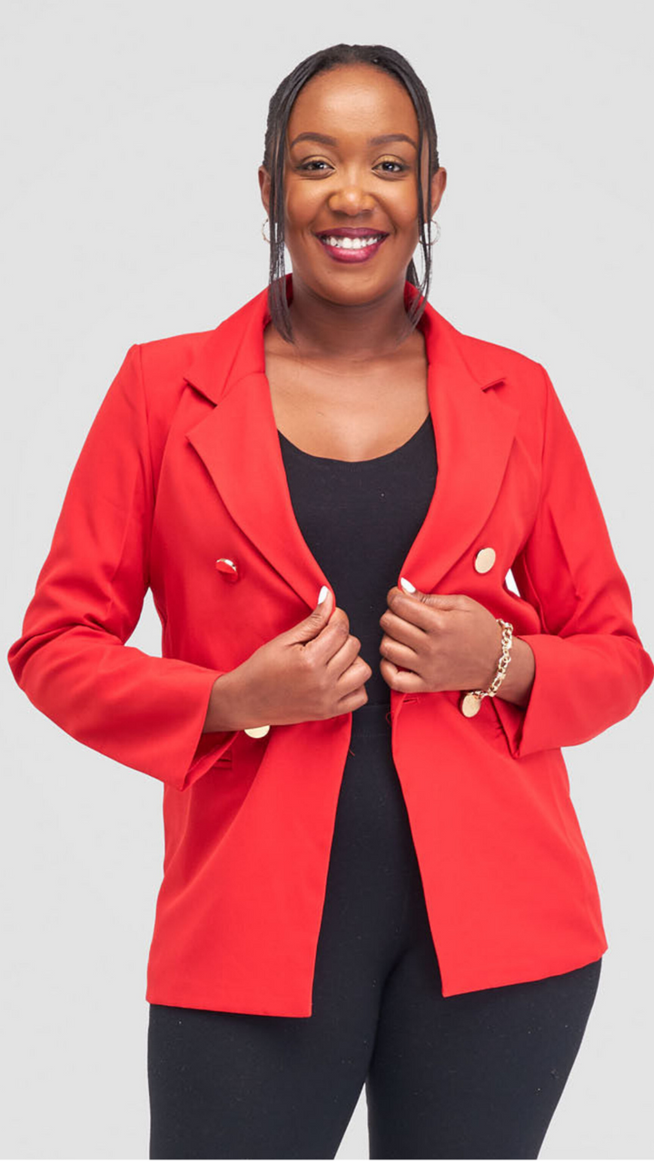 The Fashion Frenzy Elara Tailored Double-Button Blazer - Red