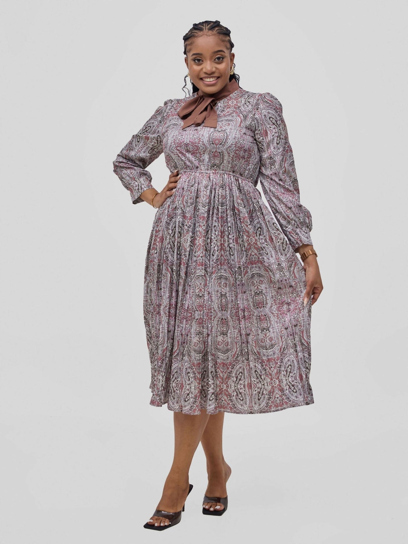 Hessed Tie Neck Pleated Long Sleeve Dress - Brown - Shopzetu