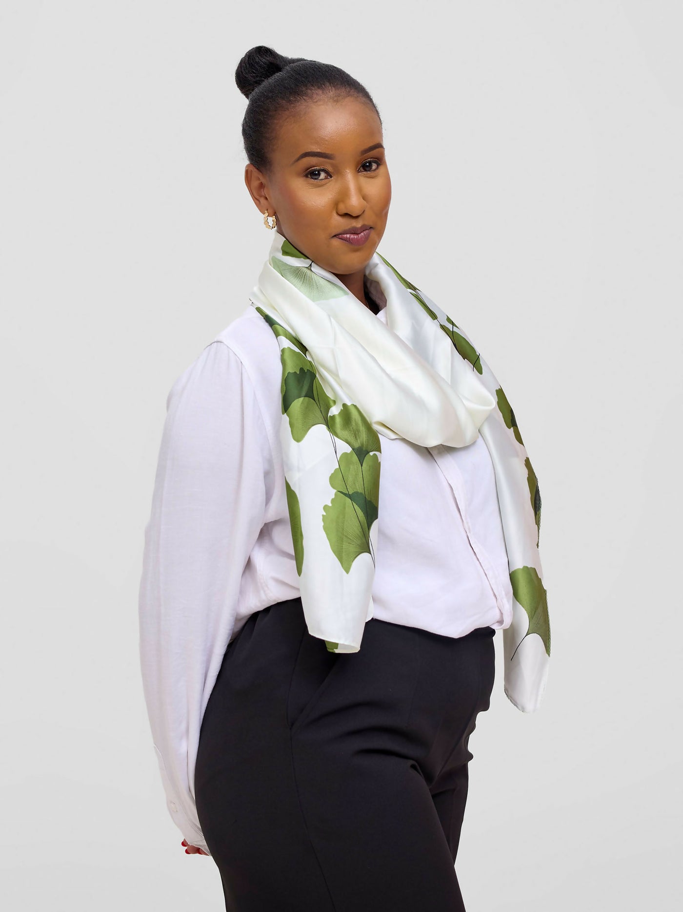 Ukiyo Lifestyle Silk Leaf Print Scarf - White - Shopzetu
