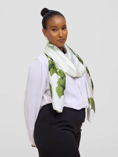 Ukiyo Lifestyle Silk Leaf Print Scarf - White - Shopzetu