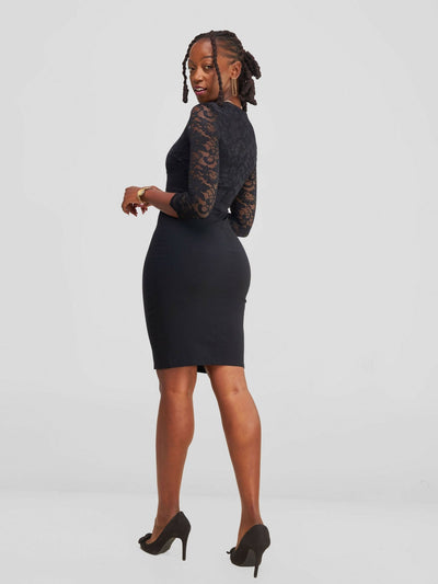 The Fashion Frenzy Box Neck Pencil Bodycon Dress - Black - Shopzetu