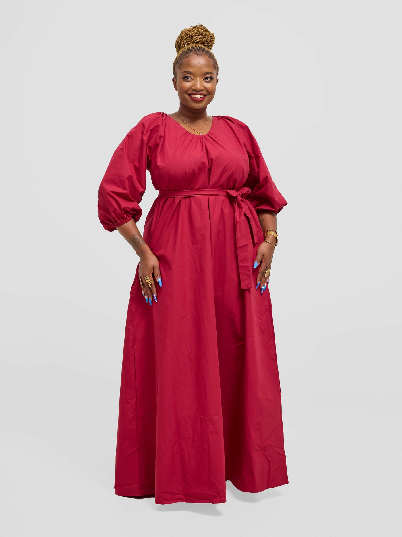 Eyane Africa Upeo Puff Sleeve Dress - Maroon - Shopzetu