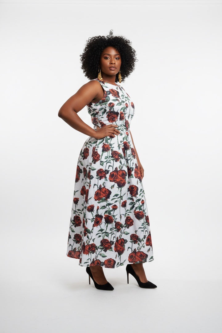 Stylish Sisters Floral Print Fit & Flare Dress- Red & White