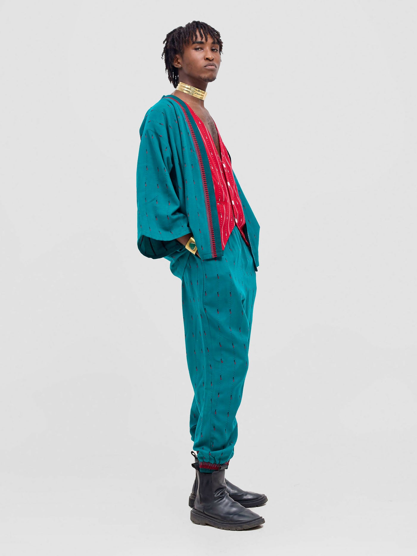 Tribal 3 - Piece Kimono Suit With Vest Coat – Green - Shopzetu
