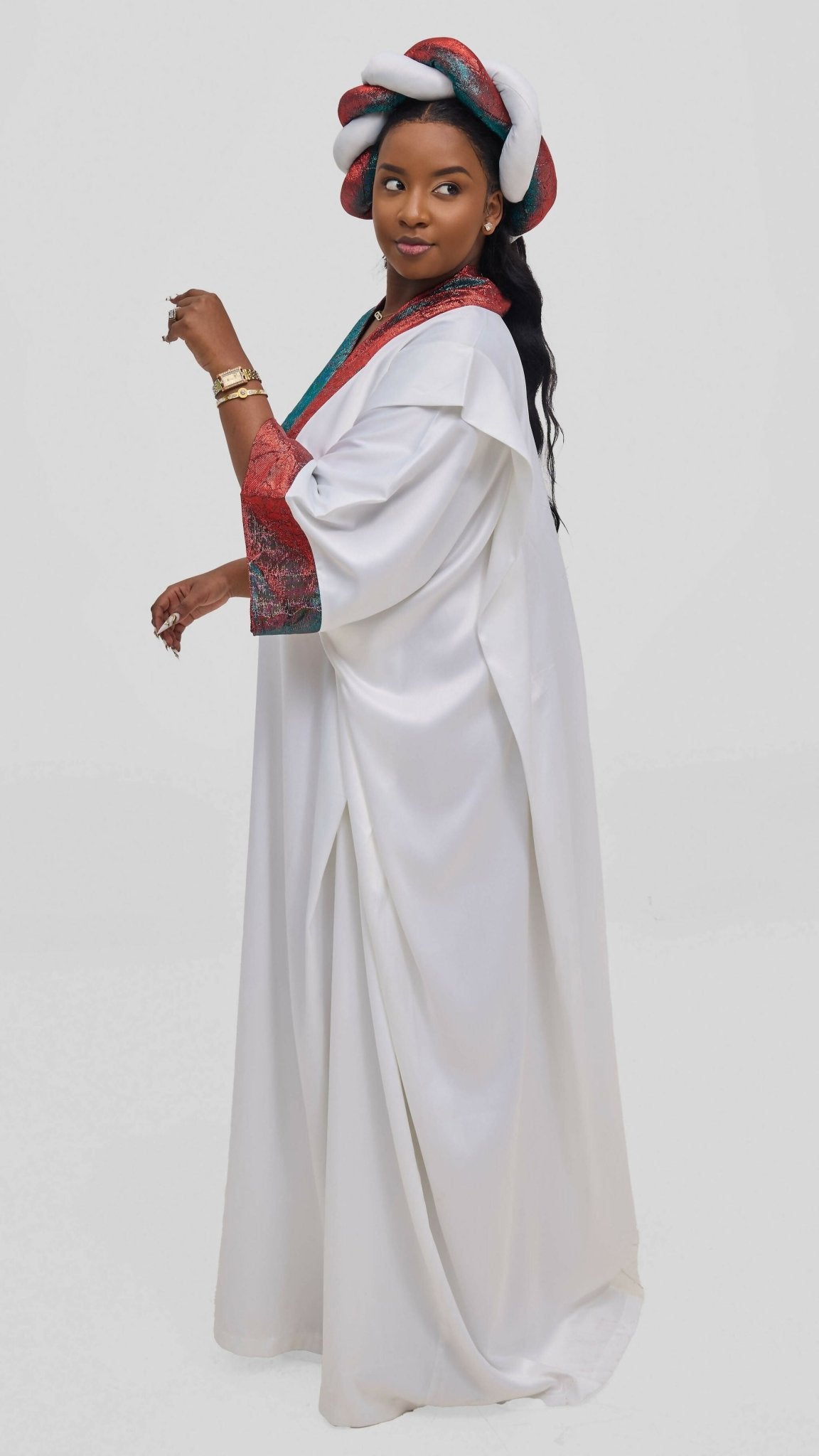Hats And More Majestic Radiance Kaftan Dress & Matching Headwrap – White - Shopzetu