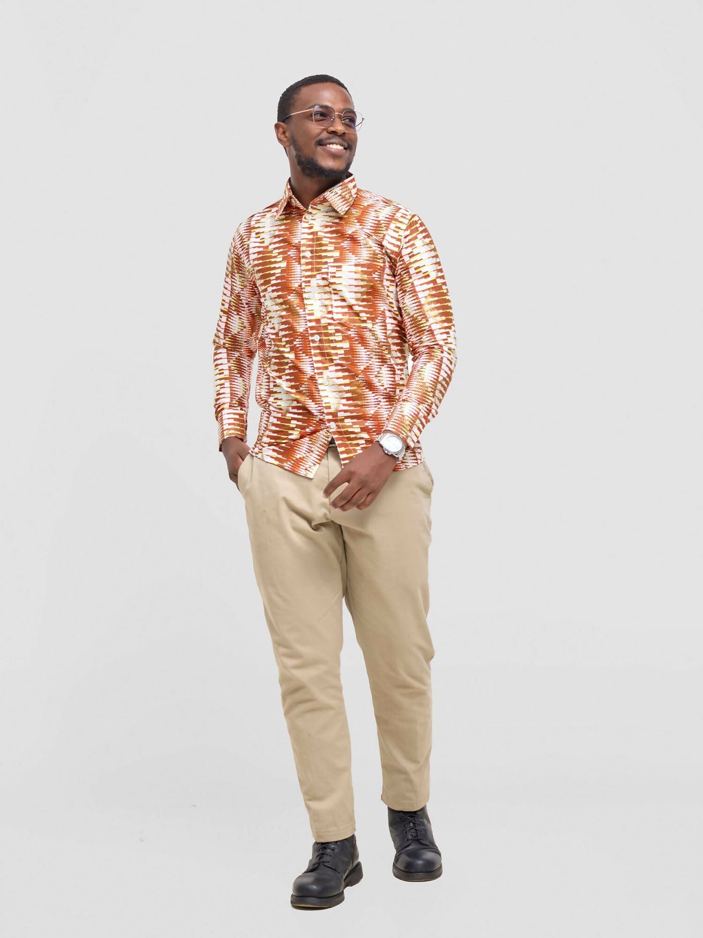 Mendilines Warm African Shirt - Brown / Orange Print - Shopzetu