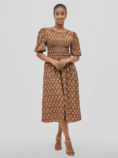 Hessed Floral Puff Short Sleeve A Line Round Neck Dress - Brown - Shopzetu