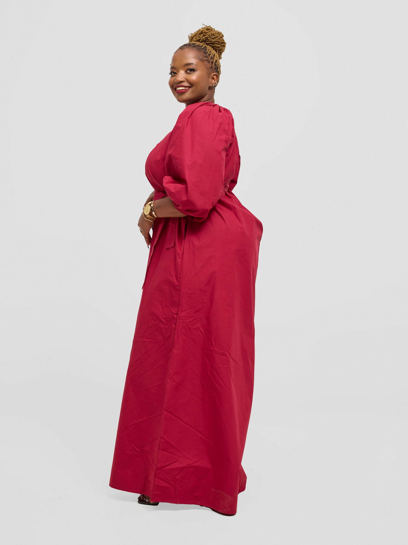 Eyane Africa Upeo Puff Sleeve Dress - Maroon - Shopzetu