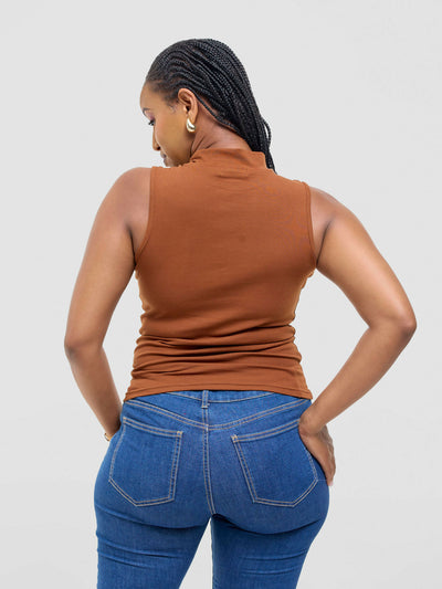 Anel's Knitwear Sleeveless Turtle Neck Top - Rust - Shopzetu