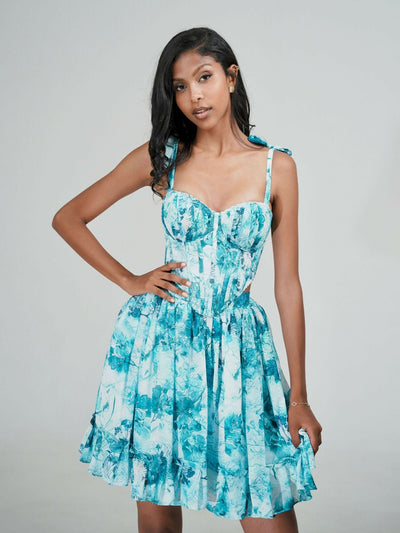 Misstcal Backless Lace Up Adjustable Chiffon Corset Set - Blue Print - Shopzetu