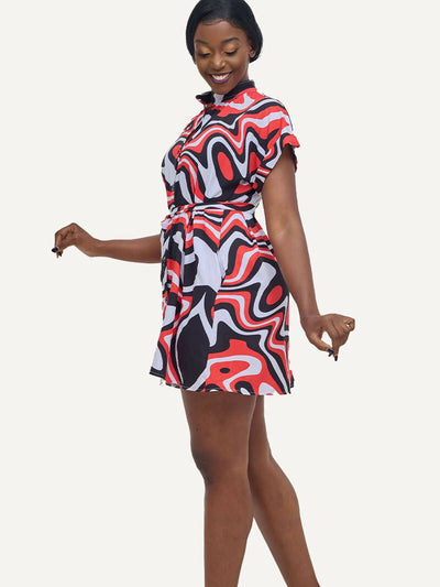 Kitu Kali Ladies Shirt Dress - Cream / Red Wave - Shopzetu