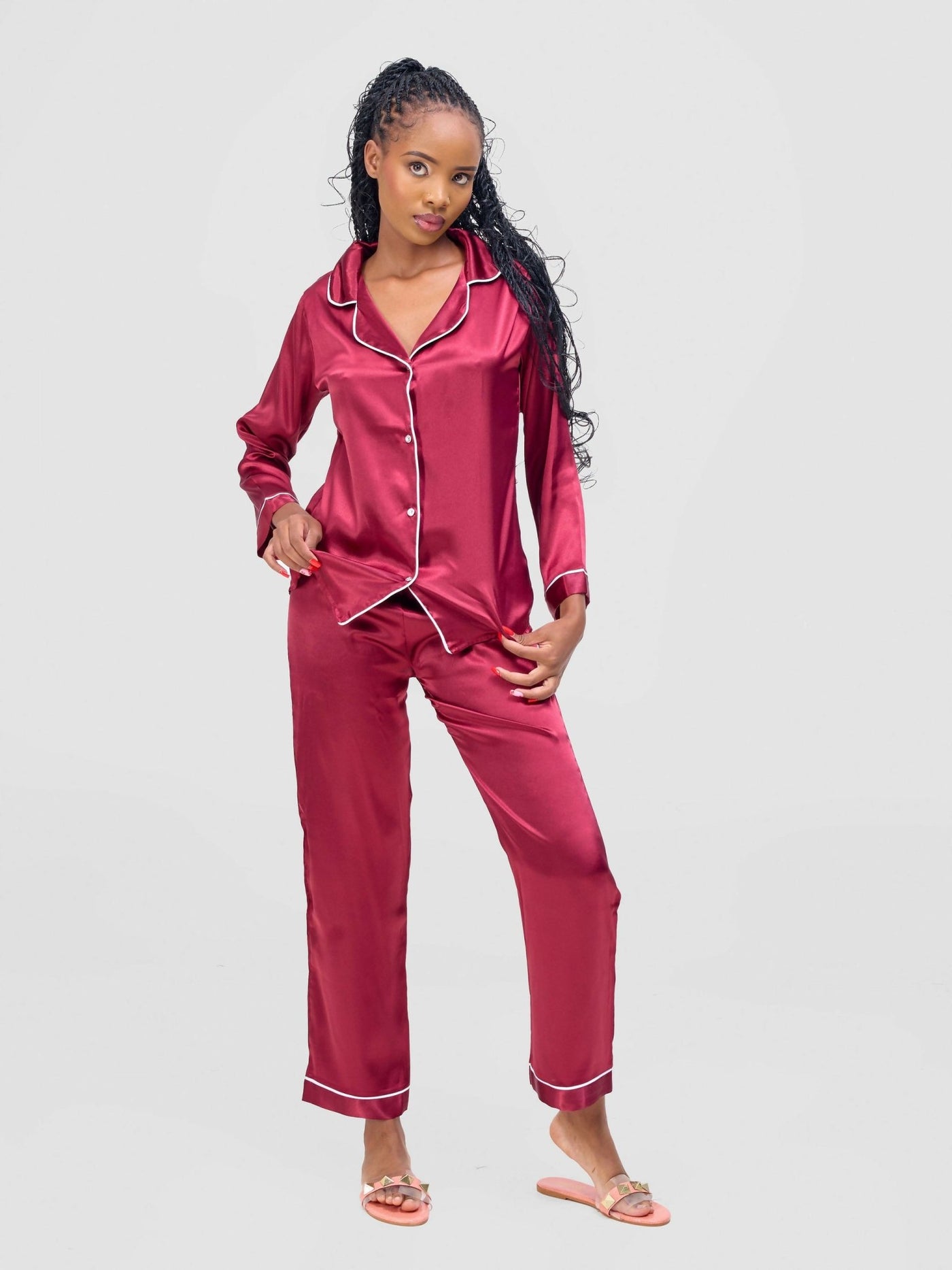 Iristyle Satin Pyjama Pant Set - Maroon - Shopzetu