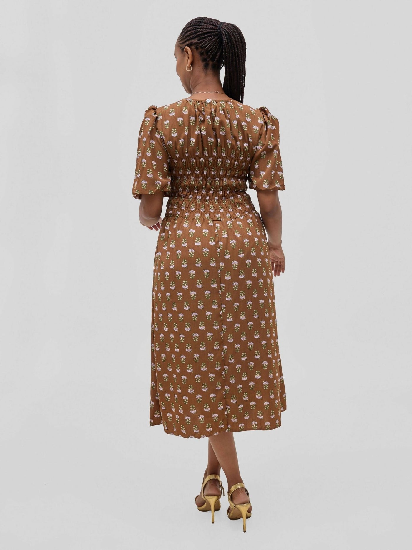 Hessed Floral Puff Short Sleeve A Line Round Neck Dress - Brown - Shopzetu
