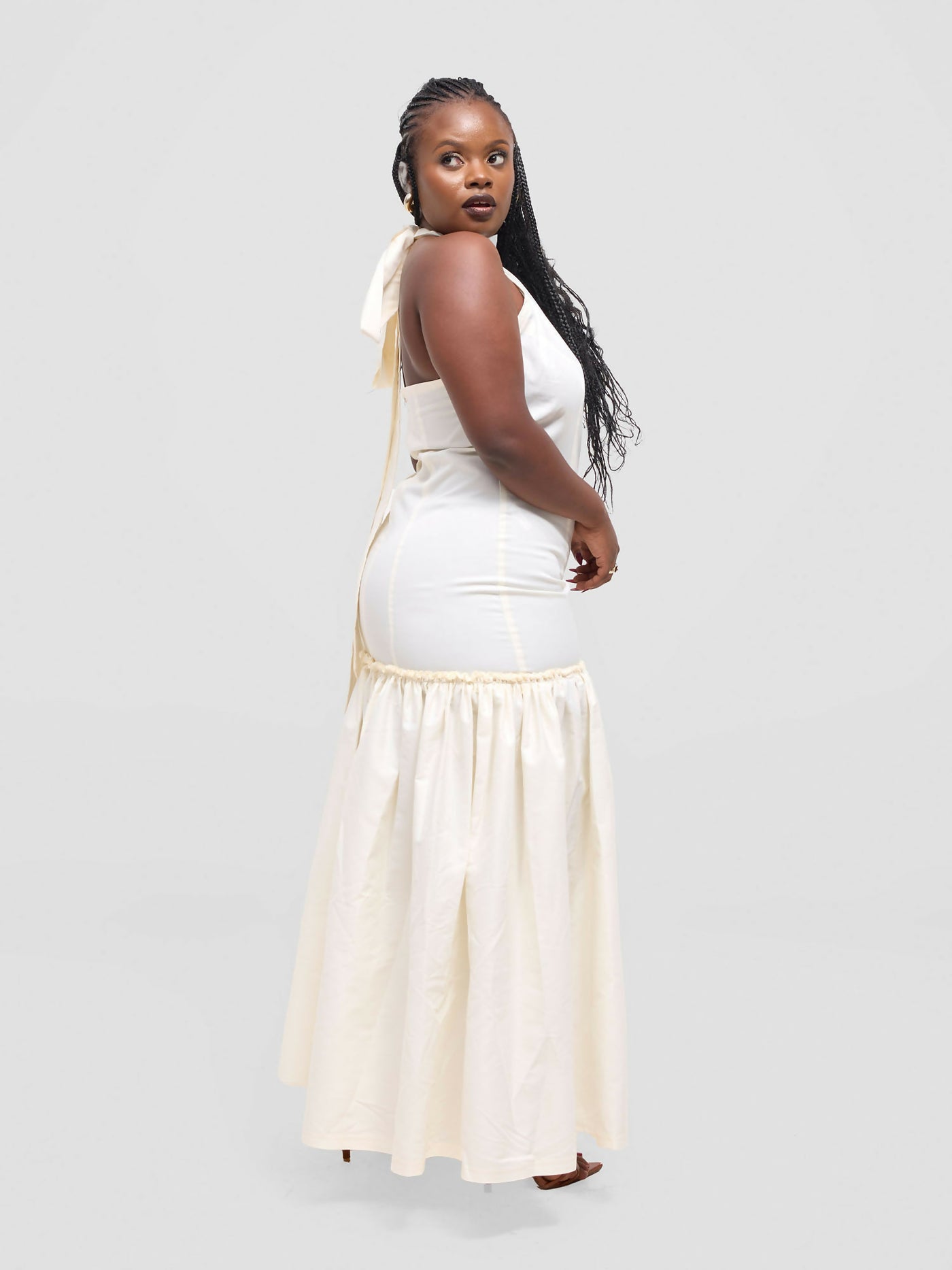 Pure Buxom Drop Waist Halter Dress Long - Cream - Shopzetu