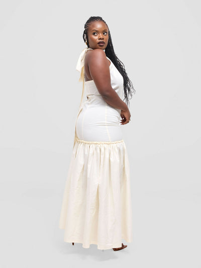 Pure Buxom Drop Waist Halter Dress Long - Cream - Shopzetu