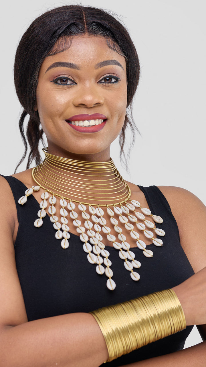 Naruki Handmade Cowrie Choker Necklace & Matching Bracelet Set - Brass