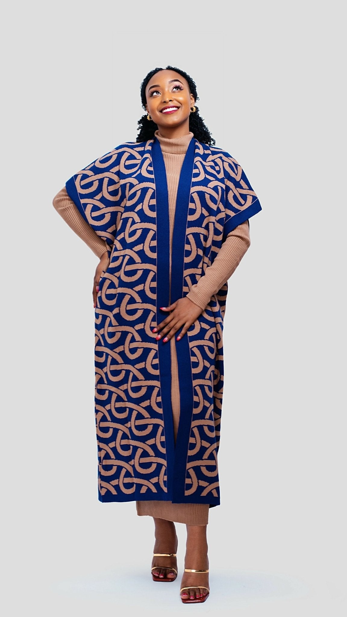 The Fashion Frenzy Printed Kimono - Khaki / Navy Blue - Shopzetu