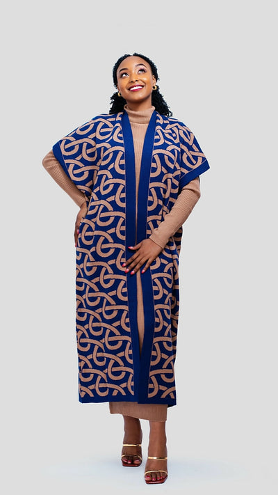 The Fashion Frenzy Printed Kimono - Khaki / Navy Blue - Shopzetu