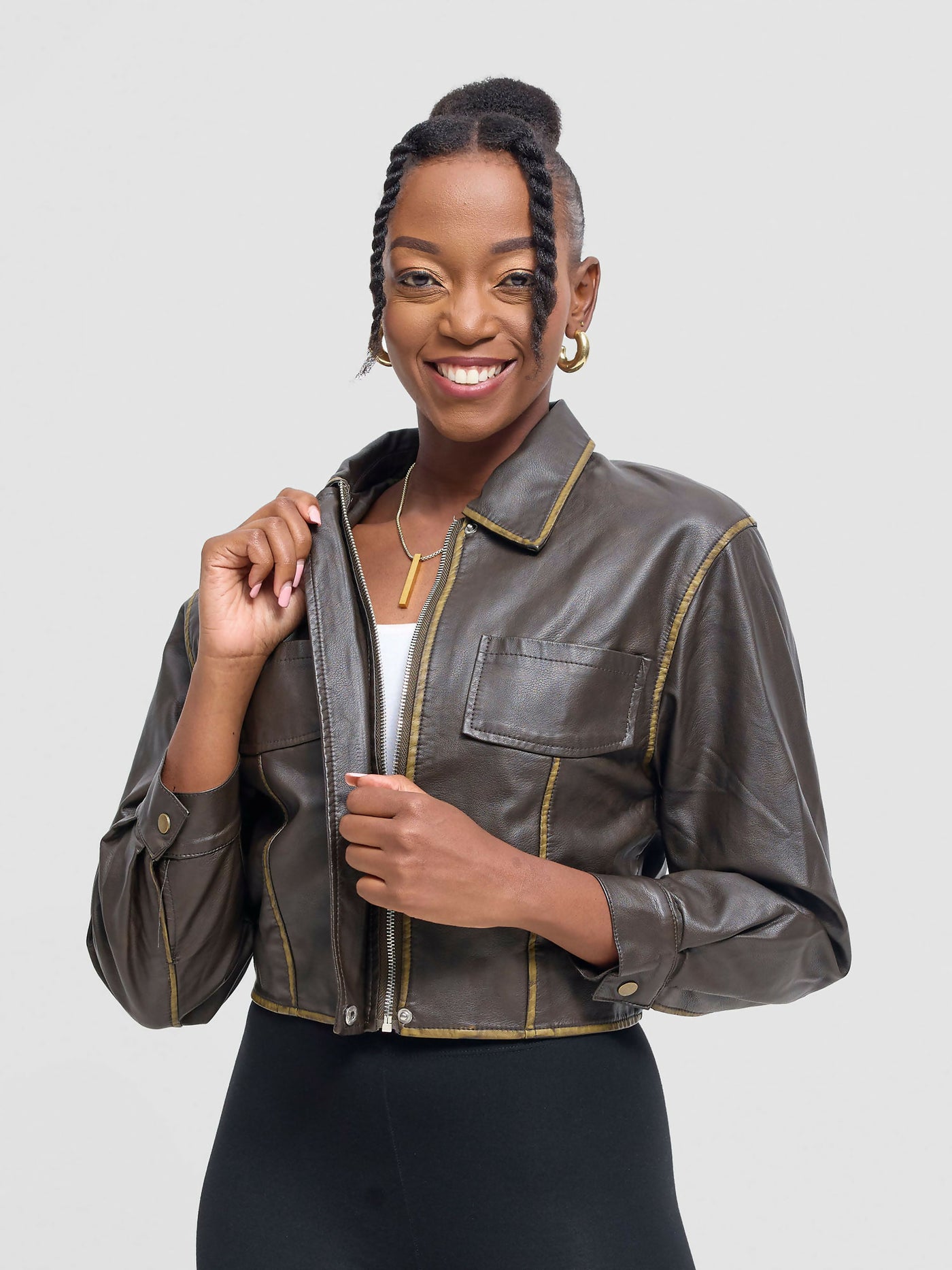 Stylish Sisters Leather Jacket - Dark Brown - Shopzetu