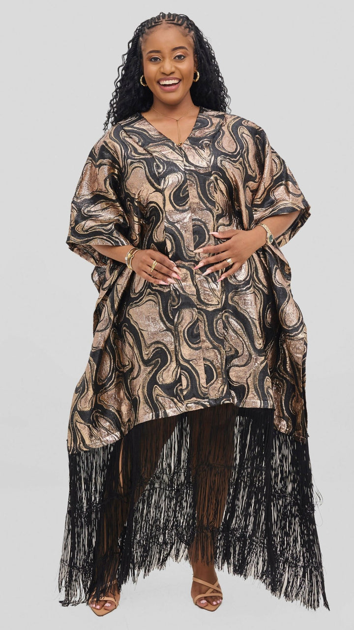 Hats And More Glamour Fringe Hem Tunic Dress – Gold / Black Print - Shopzetu