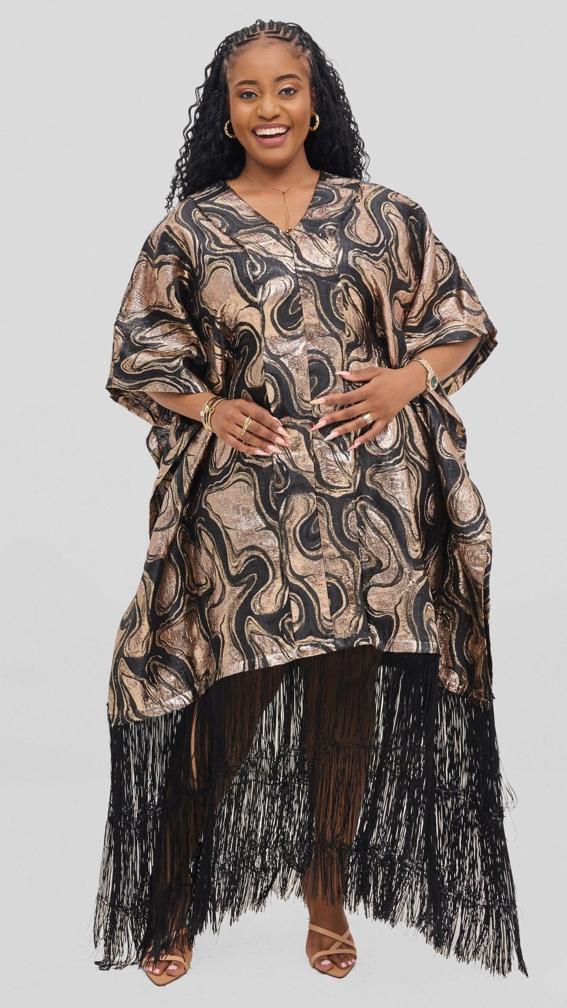 Hats And More Glamour Fringe Hem Tunic Dress – Gold / Black Print - Shopzetu