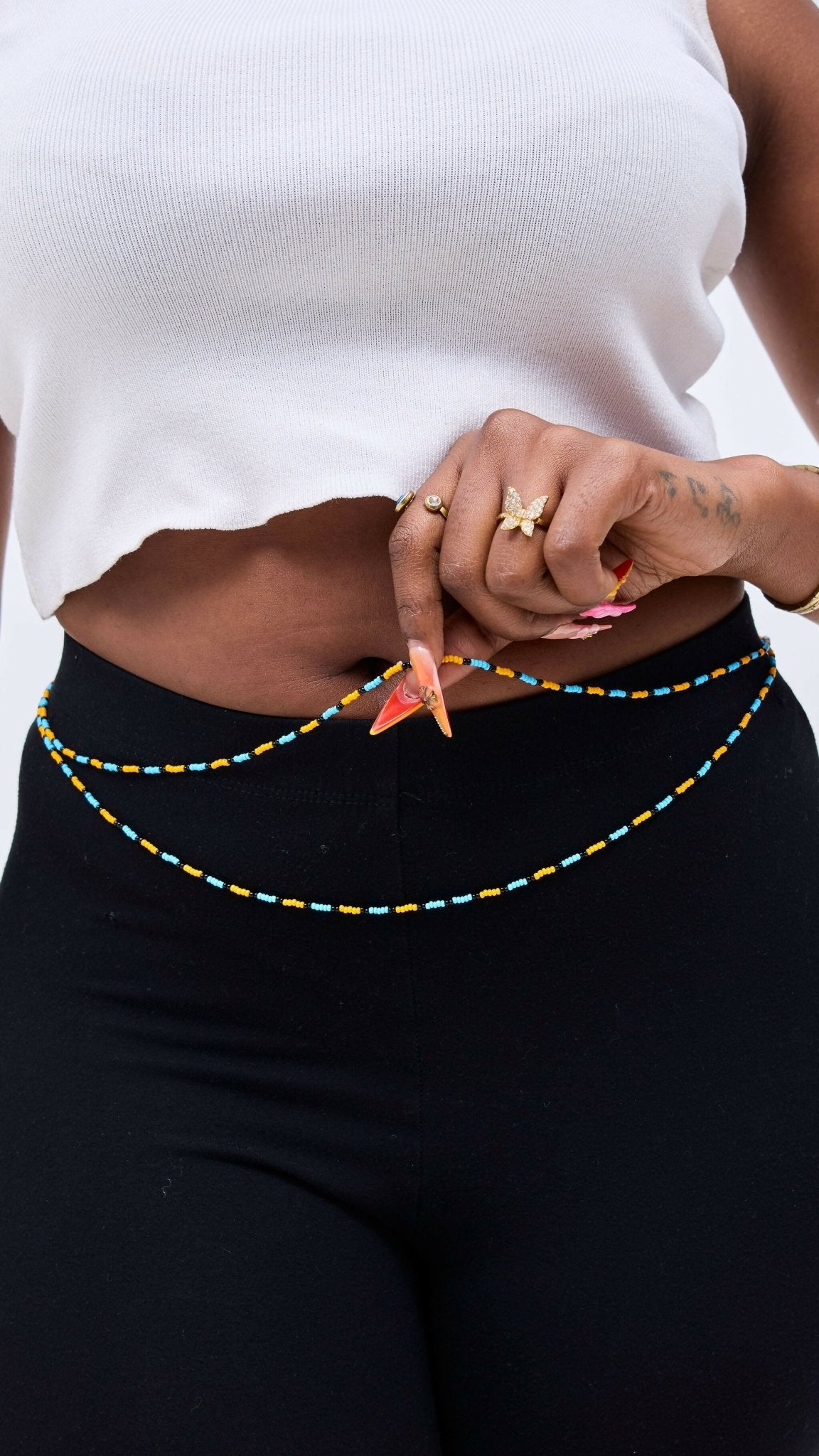 Dianaah J Beaded Double Waist Bead Necklace - Blue / Yellow - Shopzetu
