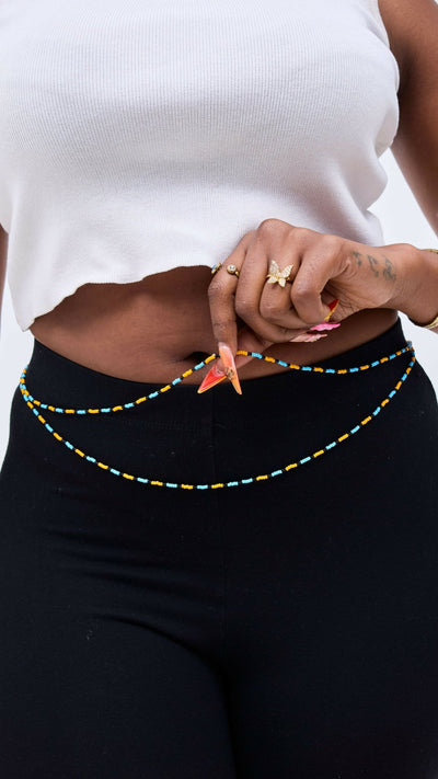 Dianaah J Beaded Double Waist Bead Necklace - Blue / Yellow - Shopzetu