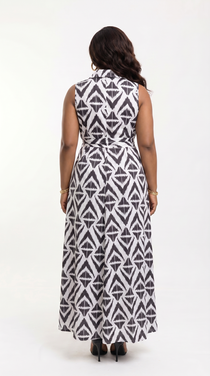 Vivo Sleeveless Maxi Dress in Cotton - Black / White Abstract Print