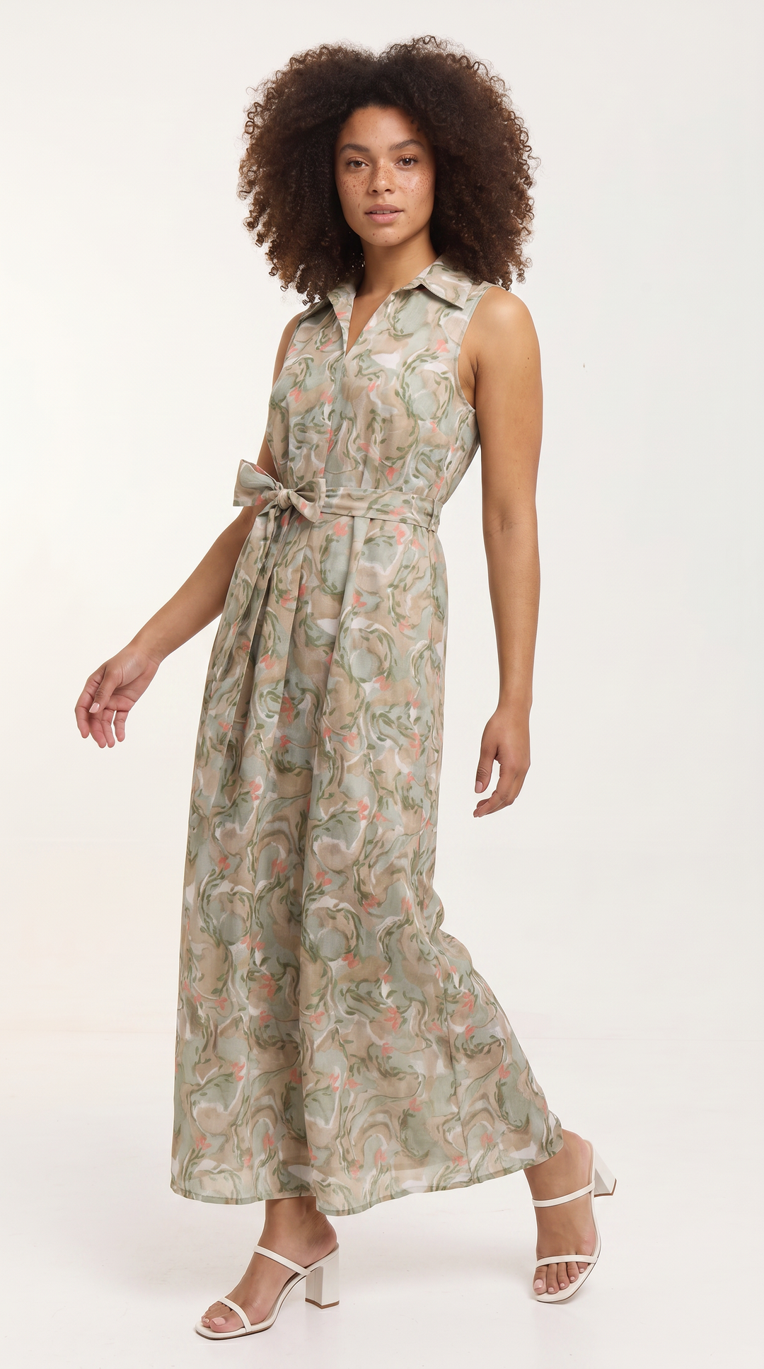 Vivo Sleeveless Maxi Dress in Cotton - Taupe / Olive Print