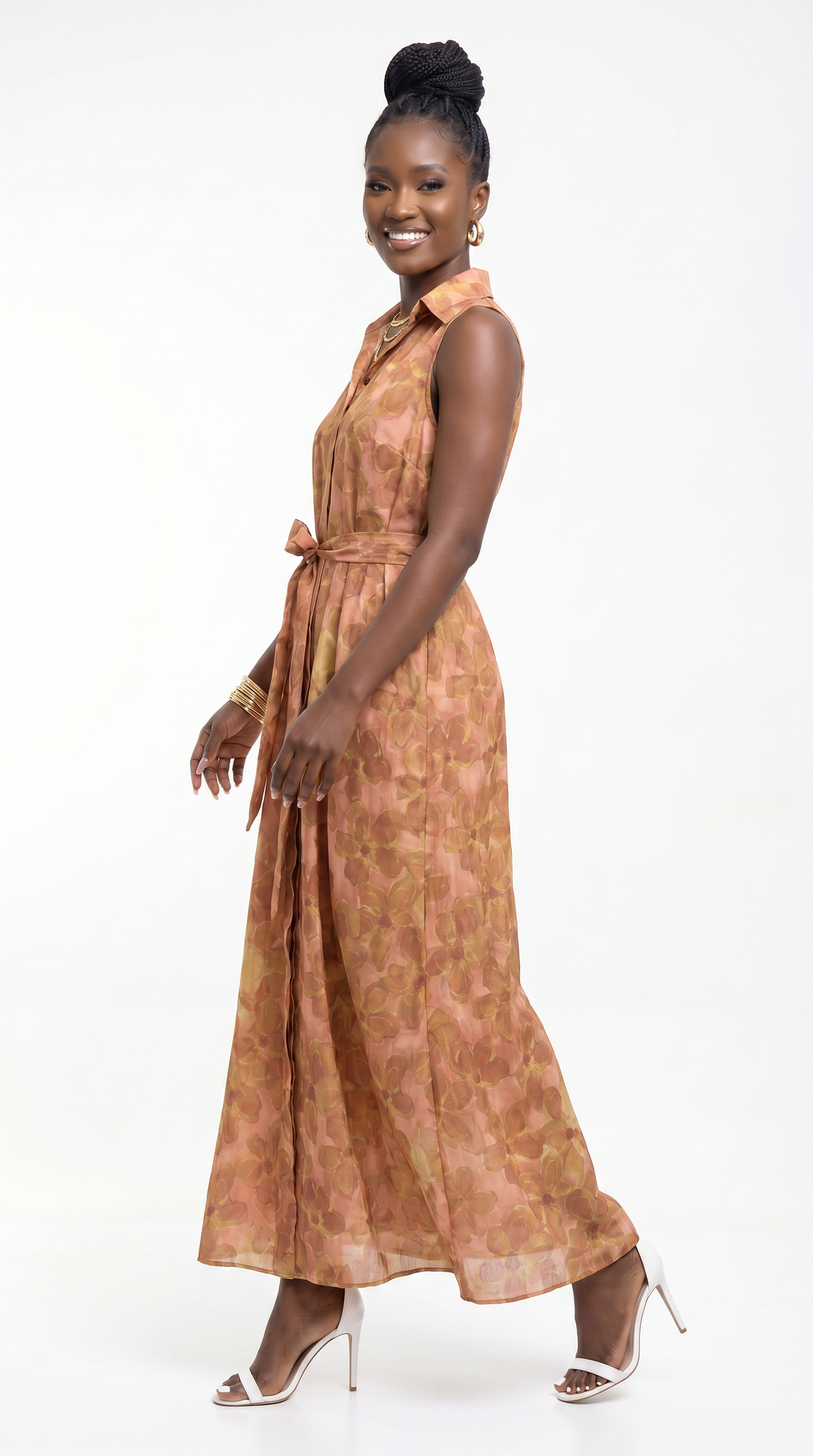 Vivo Sleeveless Maxi Dress in Cotton - Peach / Rust Print