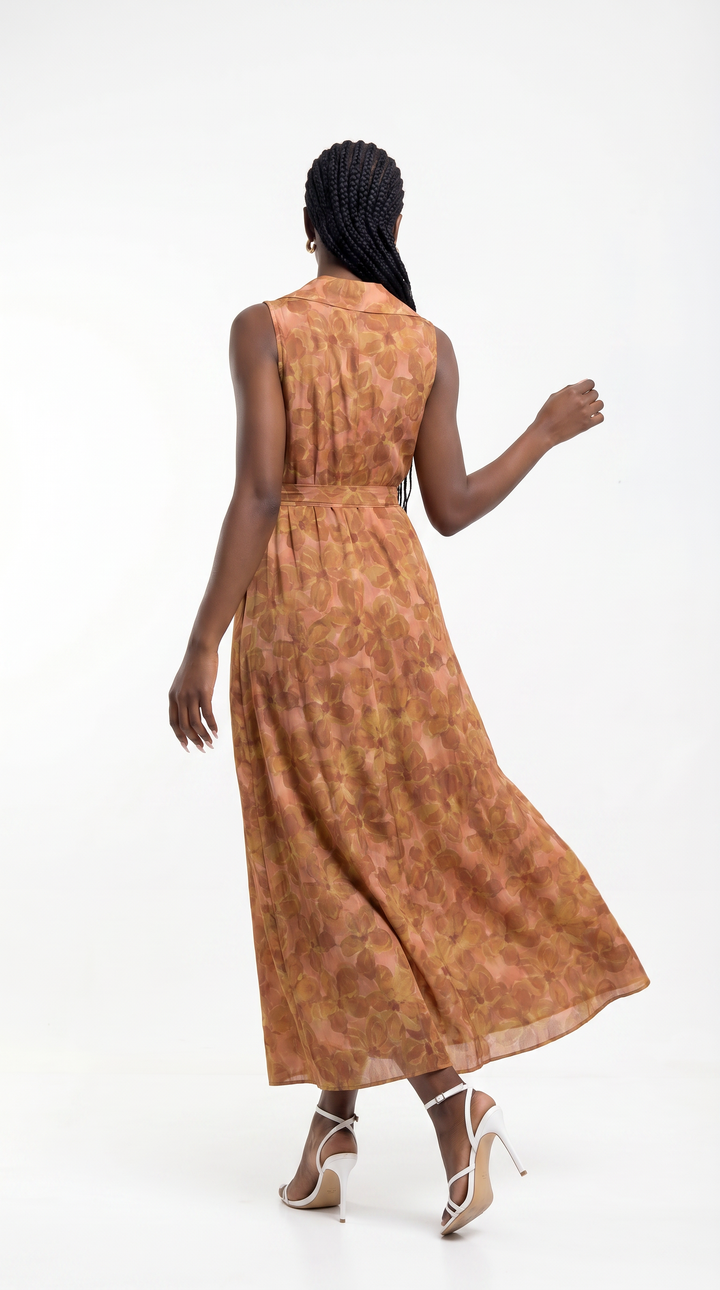 Vivo Sleeveless Maxi Dress in Cotton - Peach / Rust Print