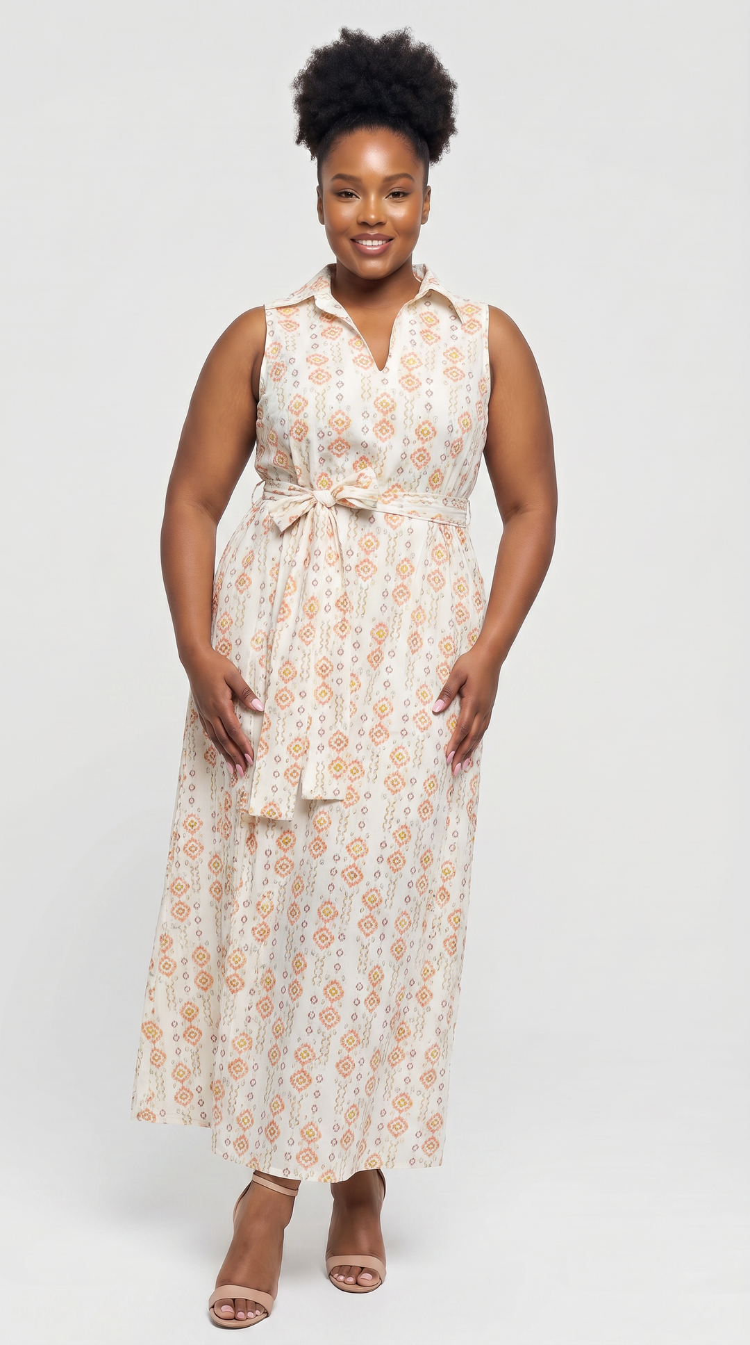 Vivo Sleeveless Maxi Dress in Cotton - Cream / Orange Print