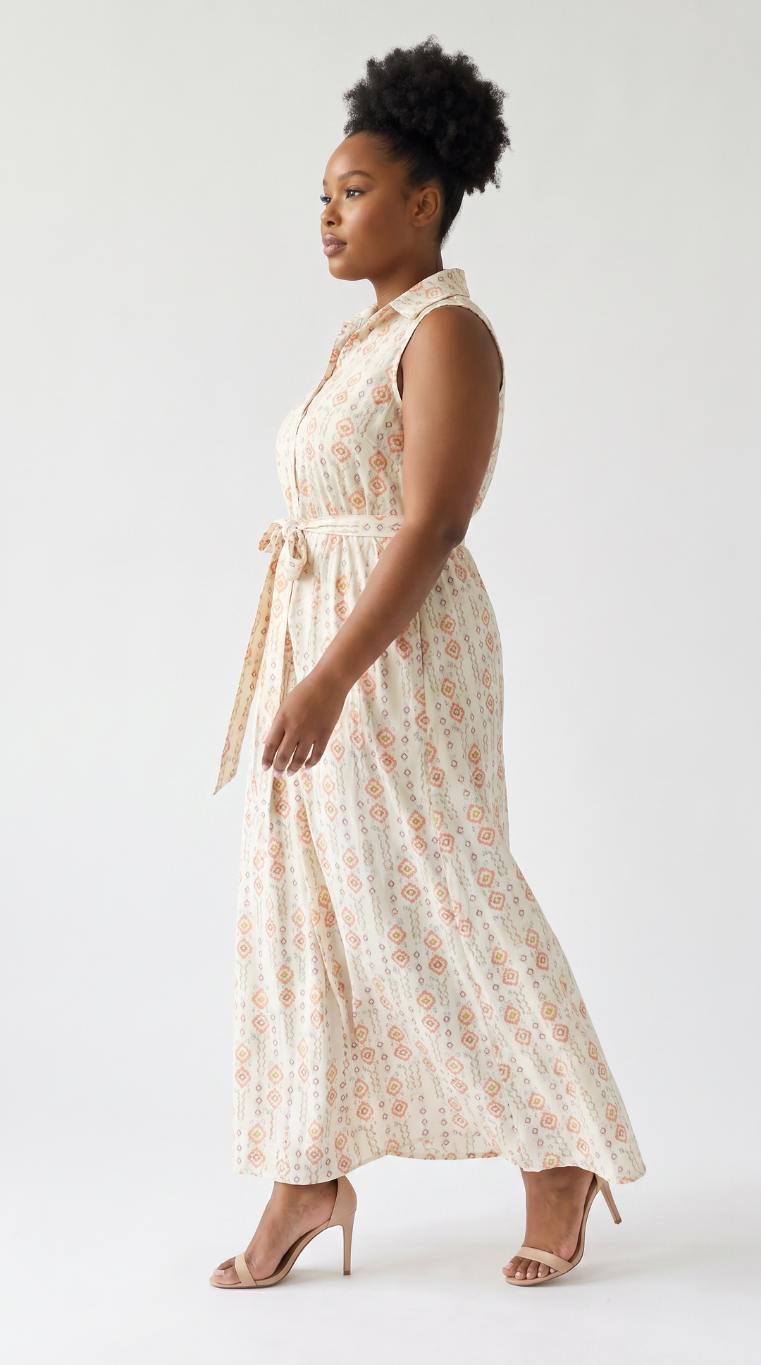 Vivo Sleeveless Maxi Dress in Cotton - Cream / Orange Print