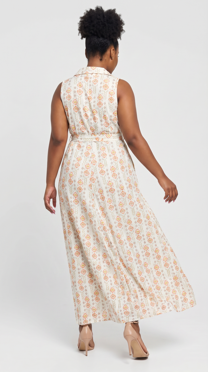 Vivo Sleeveless Maxi Dress in Cotton - Cream / Orange Print