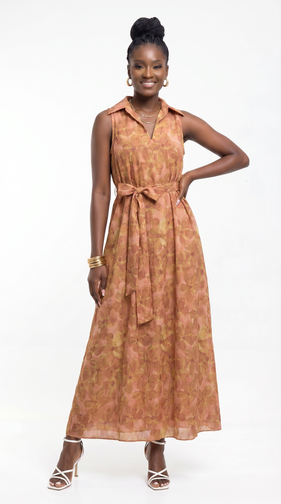 Vivo Sleeveless Maxi Dress in Cotton - Peach / Rust Print