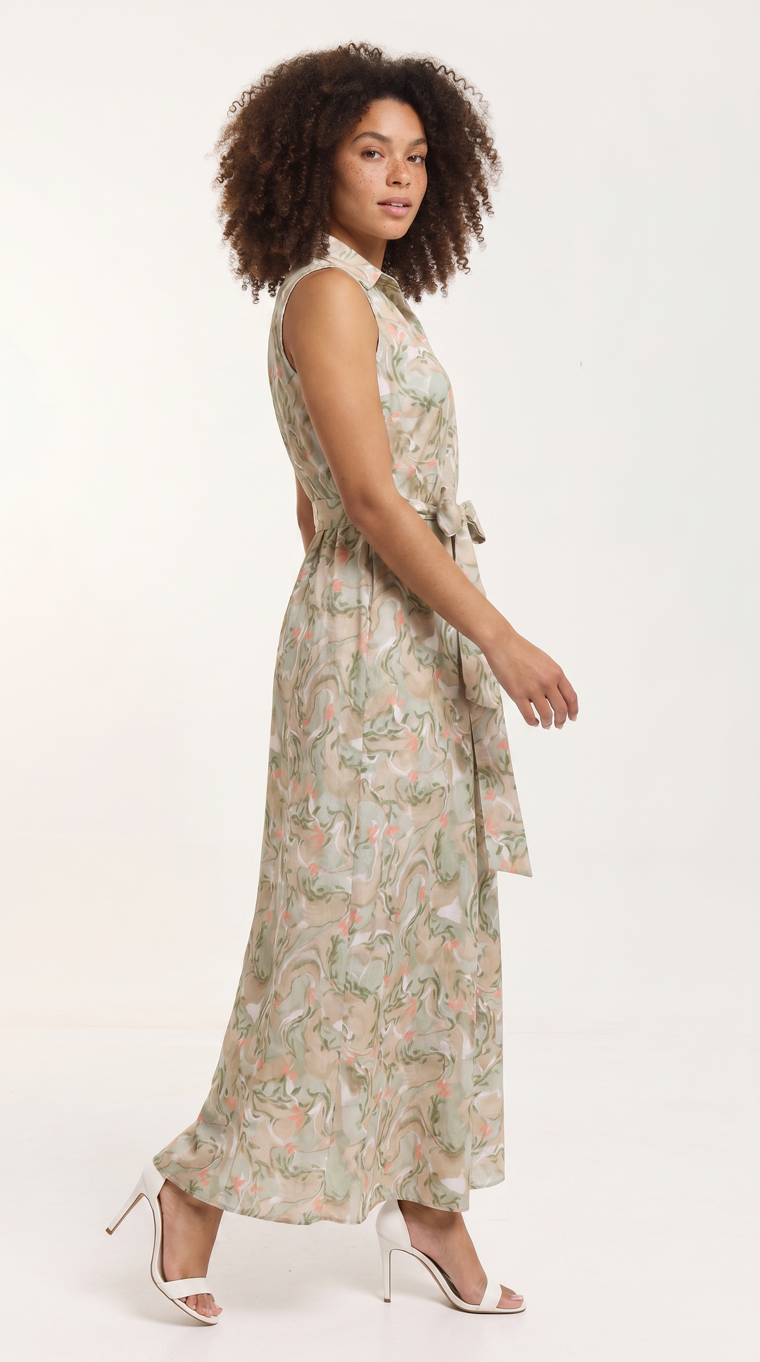 Vivo Sleeveless Maxi Dress in Cotton - Taupe / Olive Print