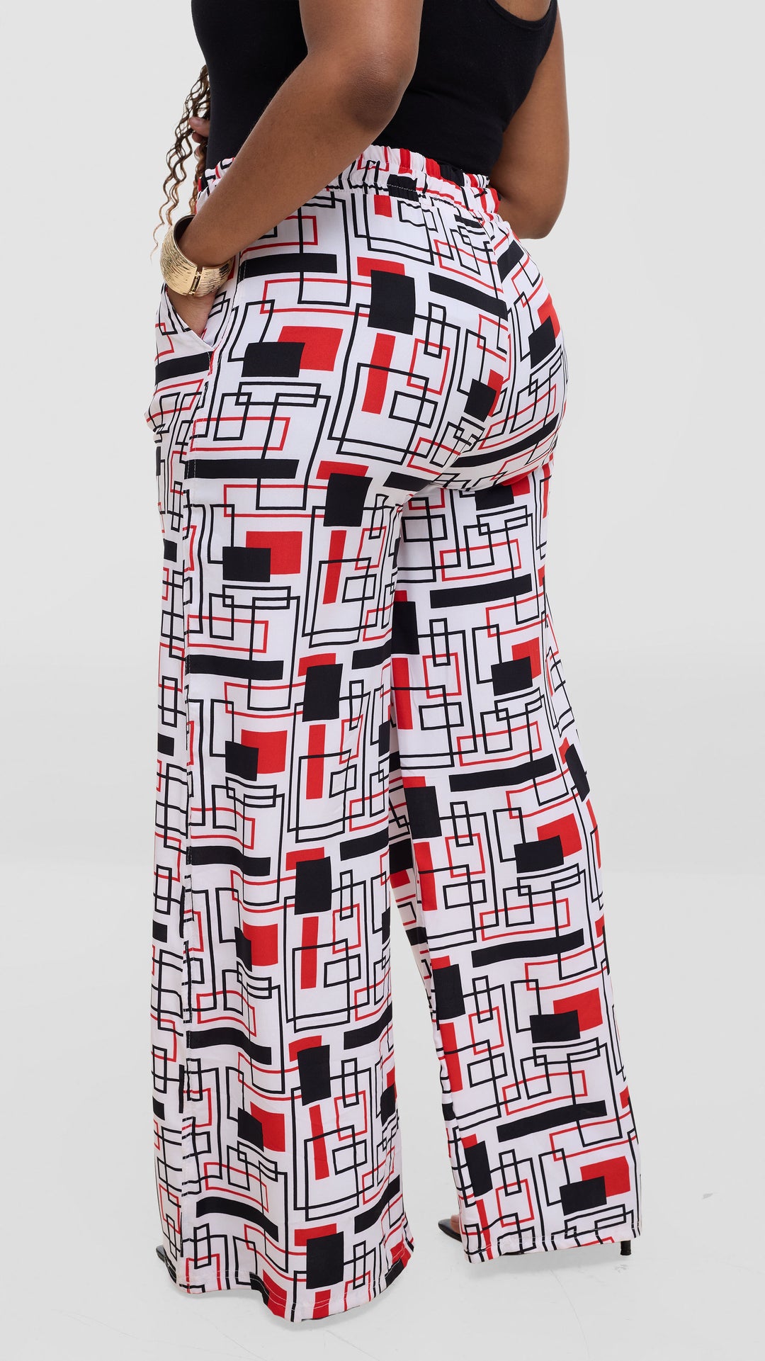TimyT Urban Wear-Classy Palazzo Pant-  Red / Black / White Geometric Print