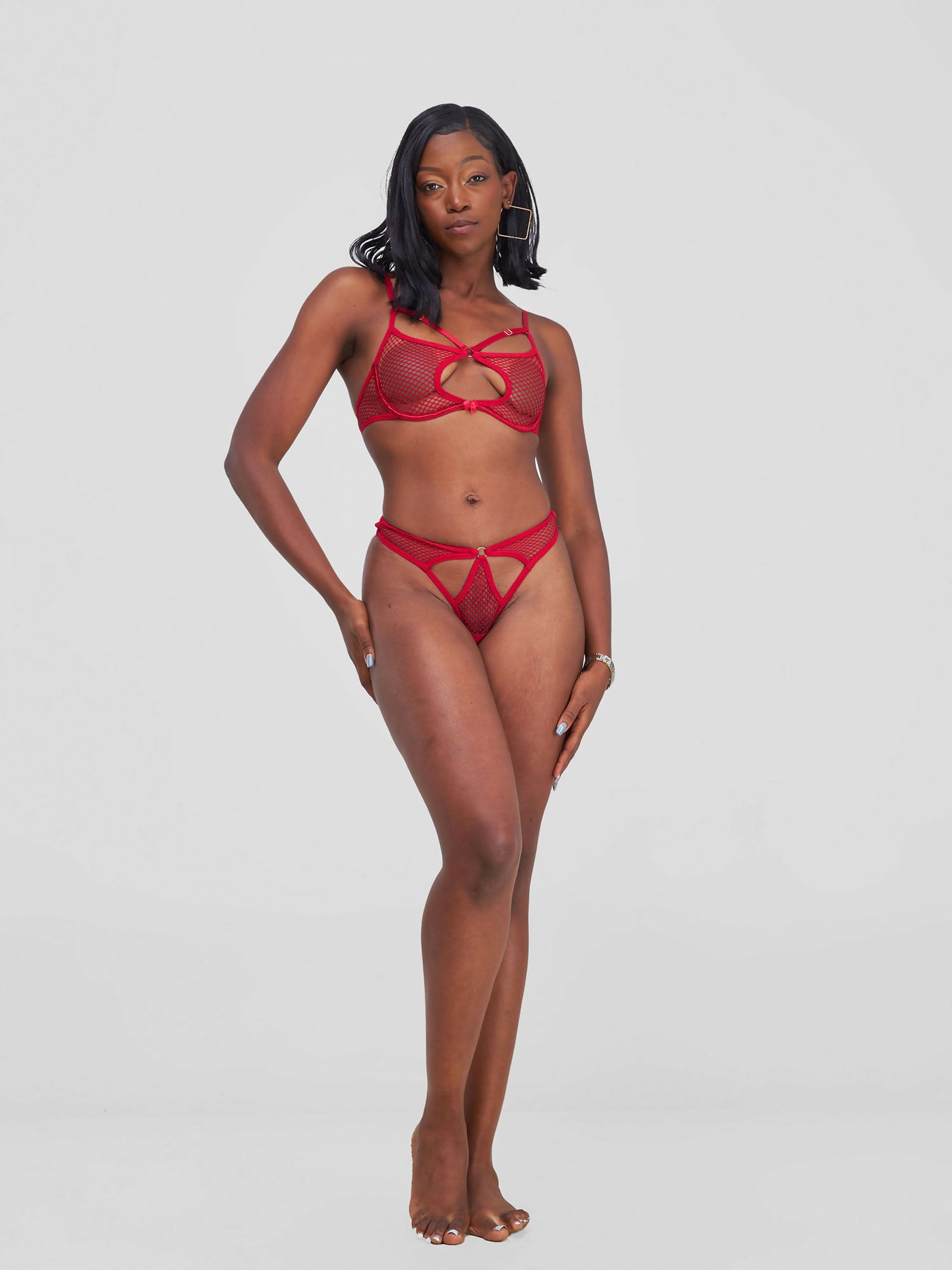 2-Piece Matching Bra and Panty Set in Sheer Fishing Net Lingerie - Red